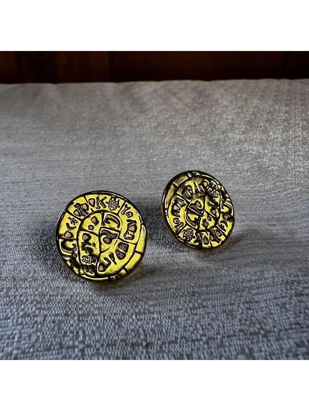 Vintage Egyptian Hieroglyph Gold Tone Pierced Earrings 1 Inch